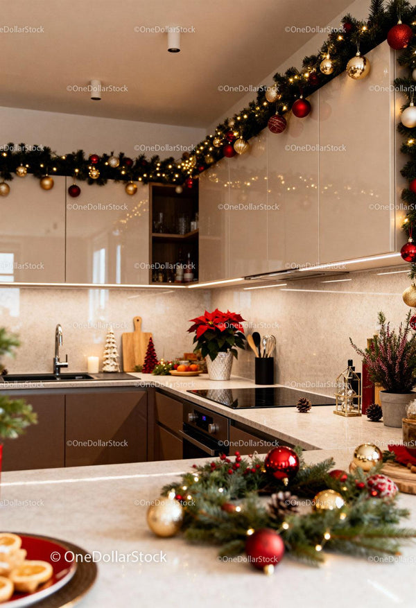 Cozy modern kitchen decorated with festive Christmas garlands