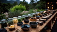 Herbal Spice Collection on Rustic Wooden Table in Outdoor Market