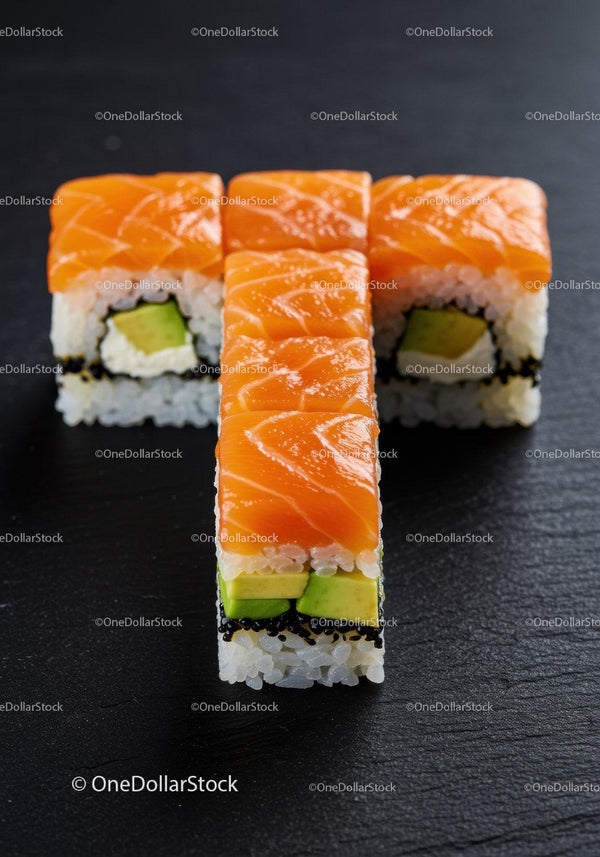 Fresh salmon sushi rolls with avocado on black slate