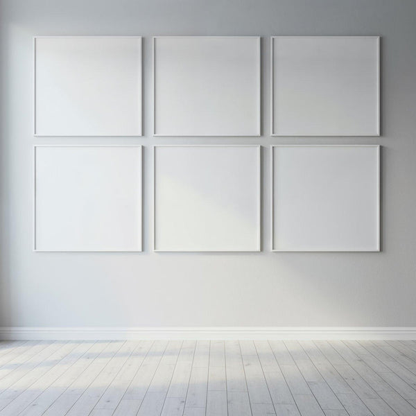 Minimalist gallery wall with six blank square frames JPG Mockup Image