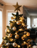Cozy Christmas tree decorated with golden ornaments