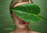 Woman with Large Green Leaf Covering Face and Water Droplets in Natural Setting