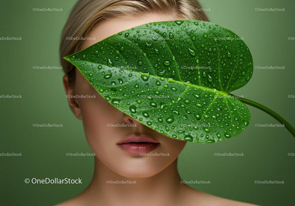 Woman with Large Green Leaf Covering Face and Water Droplets in Natural Setting
