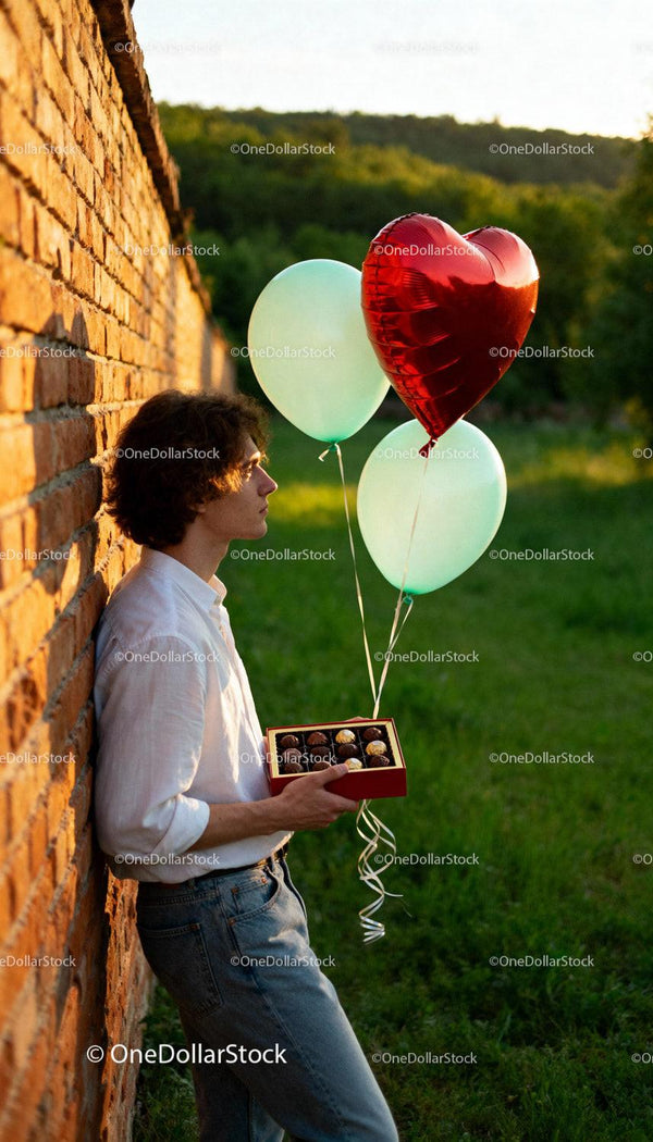 Young man holding chocolates and heart-shaped balloon outdoors