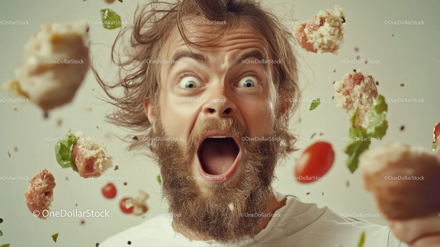 Surprised Man with Long Hair and Beard Amid Falling Pizza Toppings