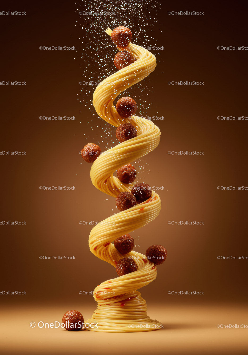 Spiral of spaghetti with meatballs and parmesan cheese