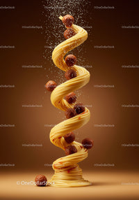 Spiral of spaghetti with meatballs and parmesan cheese