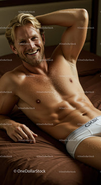 Smiling blonde man relaxing on bed in white briefs