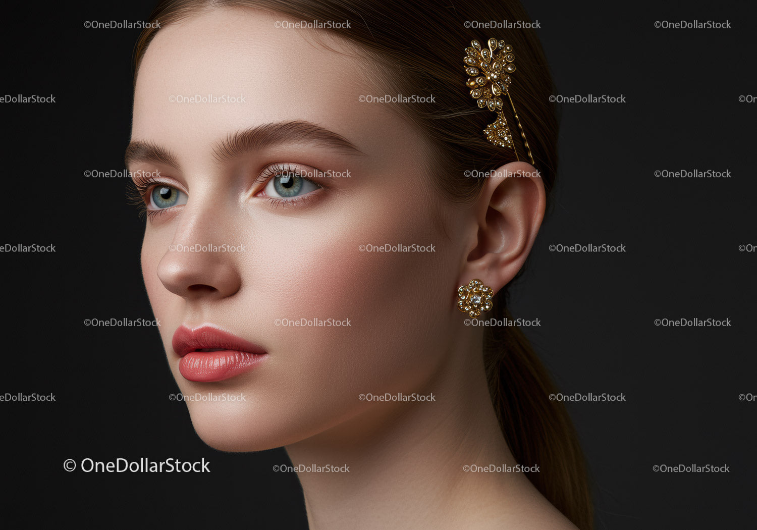 Elegant Woman with Gold Earrings and Hairpin in Studio Portrait