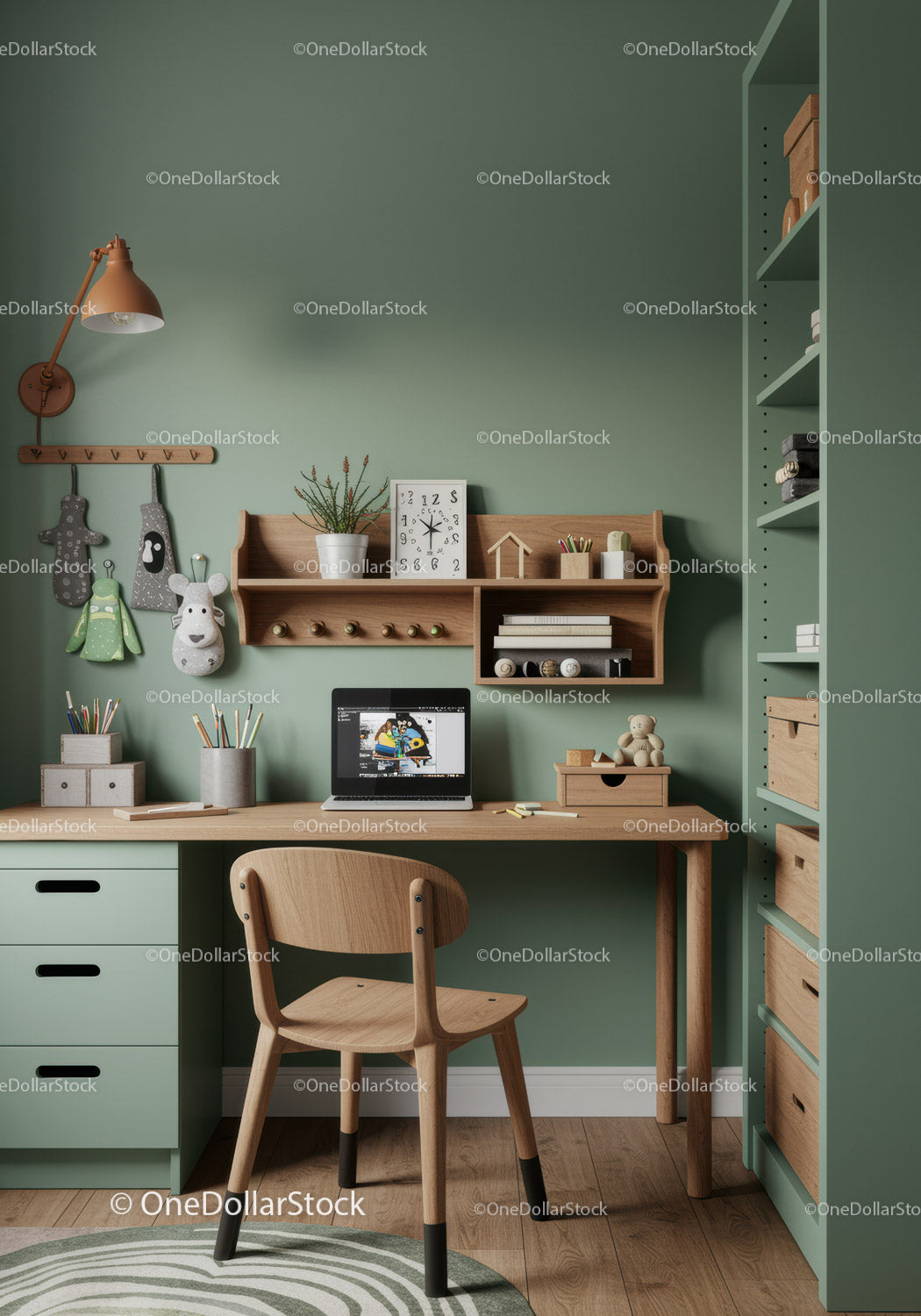 Modern Child's Study Area with Green Walls and Wooden Furniture