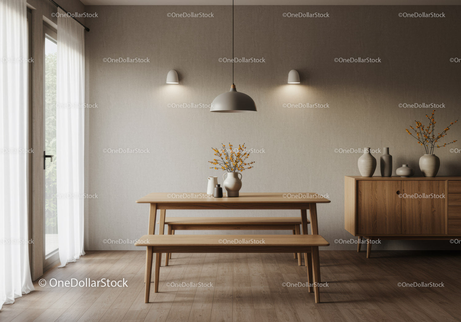 Minimalist dining room with wooden table and neutral decor