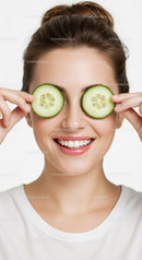 Happy Woman with Cucumber Slices Over Eyes in Beauty Spa