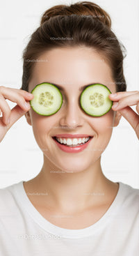 Happy Woman with Cucumber Slices Over Eyes in Beauty Spa