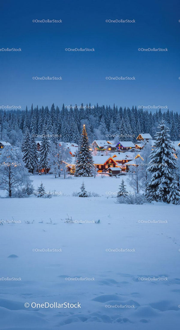 Snowy village with warm holiday lights at twilight