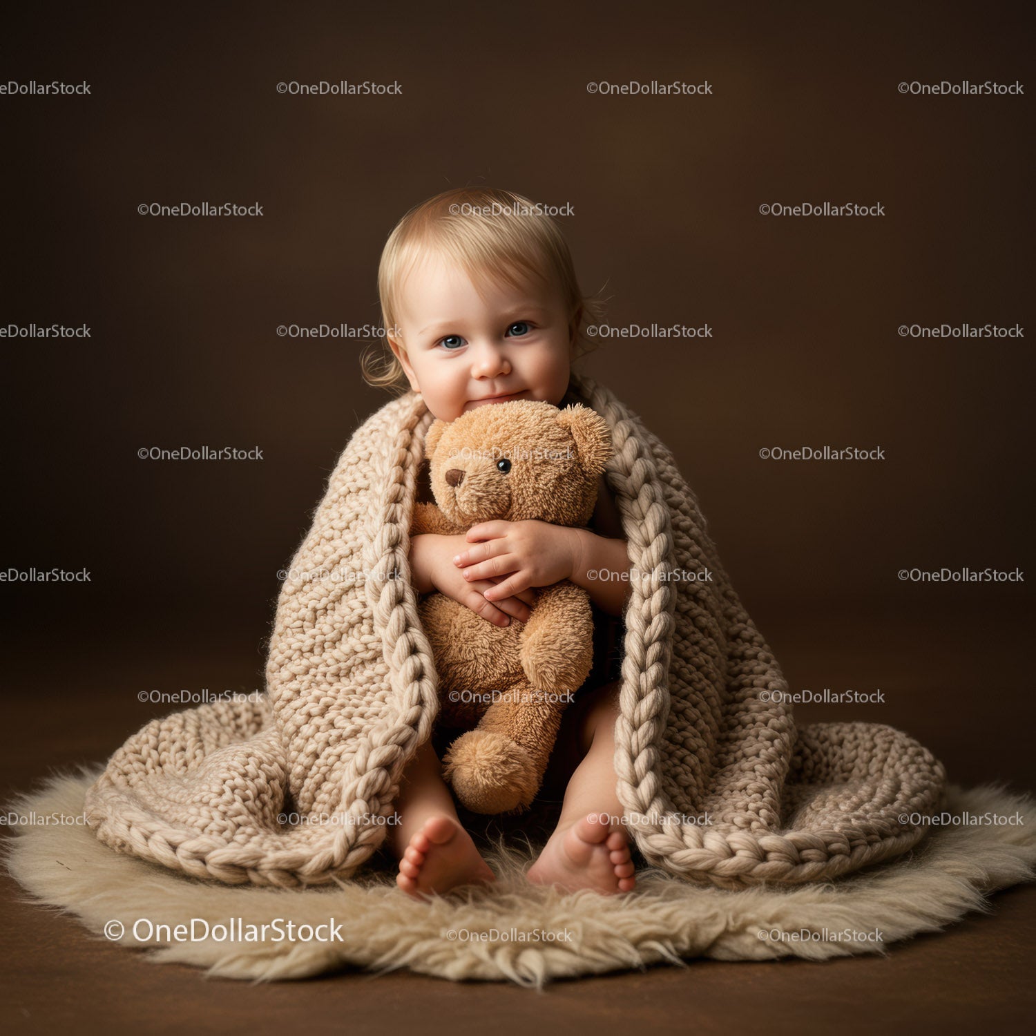 Cute toddler wrapped in cozy blanket hugging teddy bear