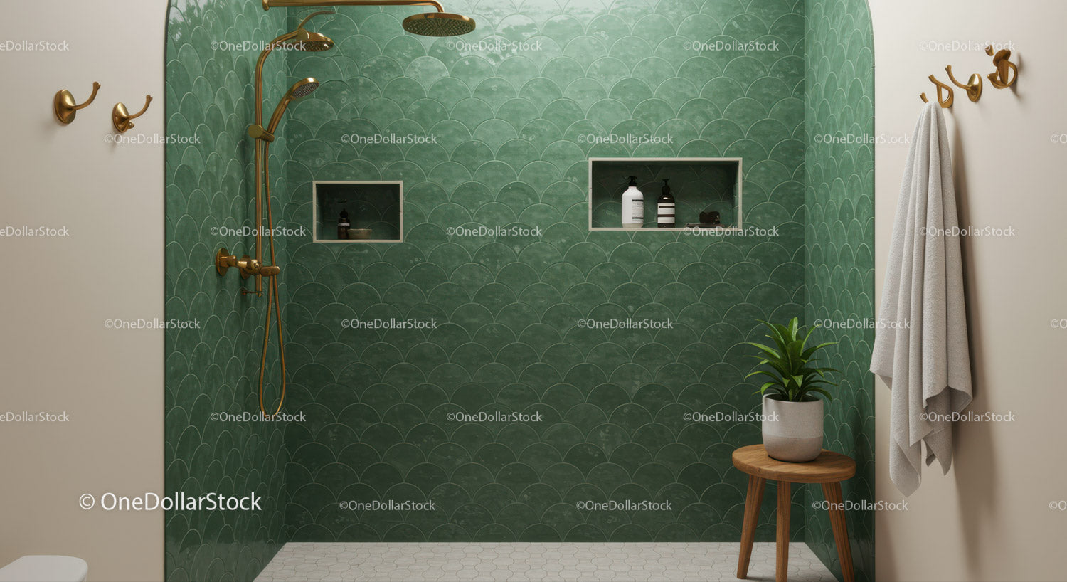 Modern Green Tiled Shower with Brass Fixtures and Plant