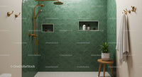 Modern Green Tiled Shower with Brass Fixtures and Plant