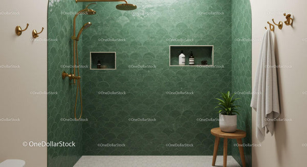 Modern Green Tiled Shower with Brass Fixtures and Plant