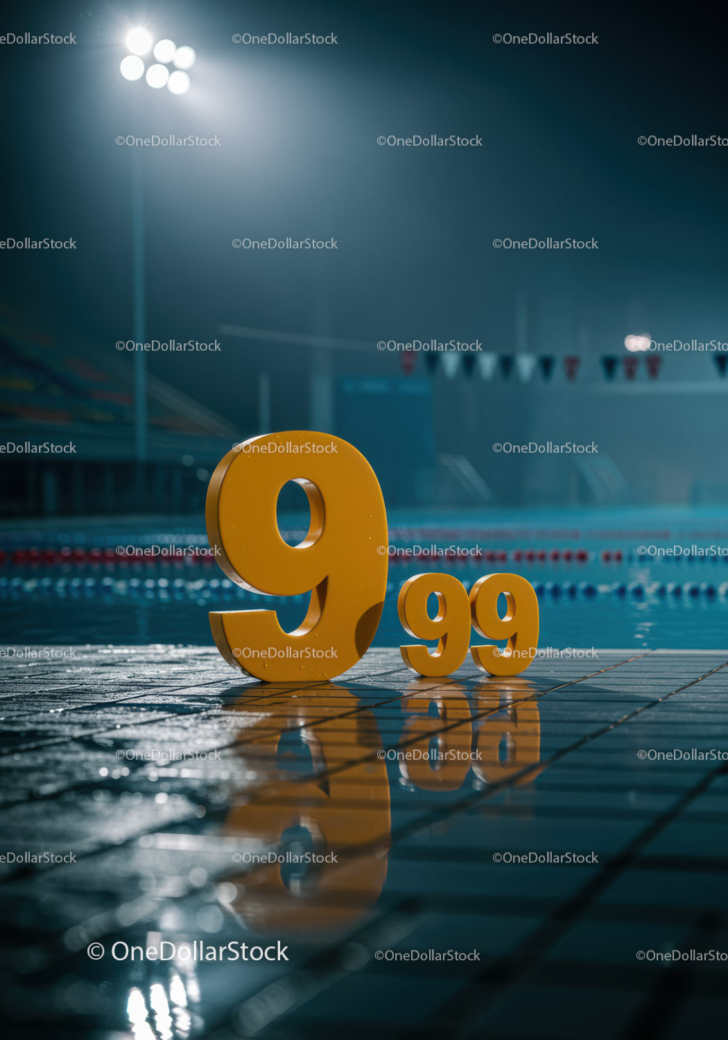 Żółte numery cenowe odbijające się w basenie nocą