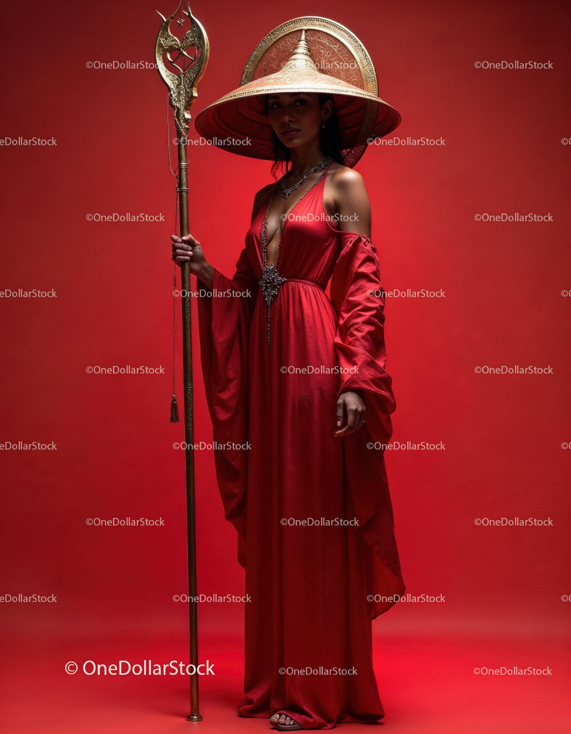 Elegant Woman in Red Dress with Accessories Against Red Background