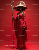 Elegant Woman in Red Dress with Accessories Against Red Background