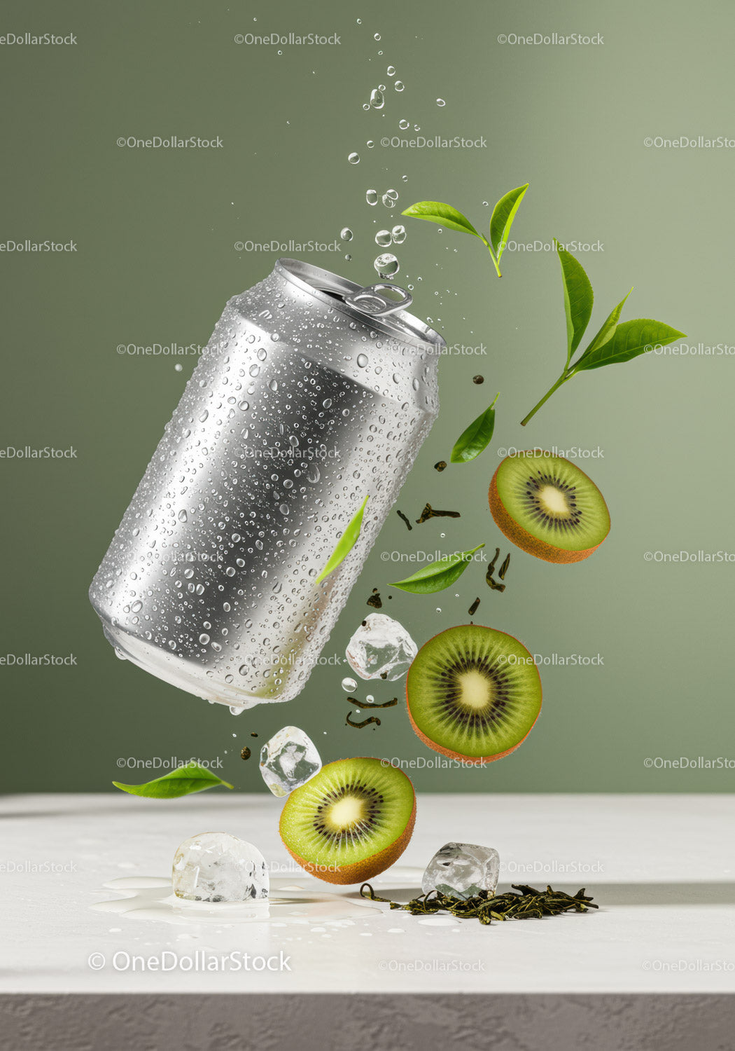 Refreshing Kiwi Beverage with Ice and Green Leaves