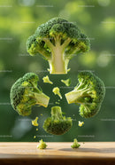 Fresh broccoli florets levitating over wooden surface