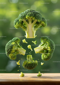 Fresh broccoli florets levitating over wooden surface