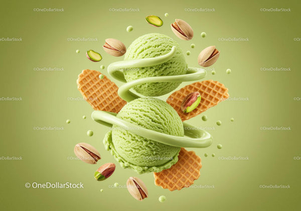 Refreshing pistachio ice cream scoops with waffle cookies