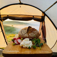 Fresh rustic bread with creamy cheese and radishes