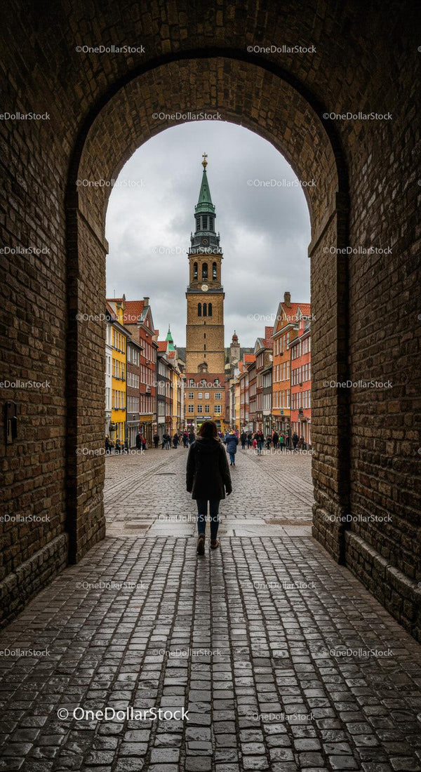 Historic European Town with Church Tower and Cobblestone Street