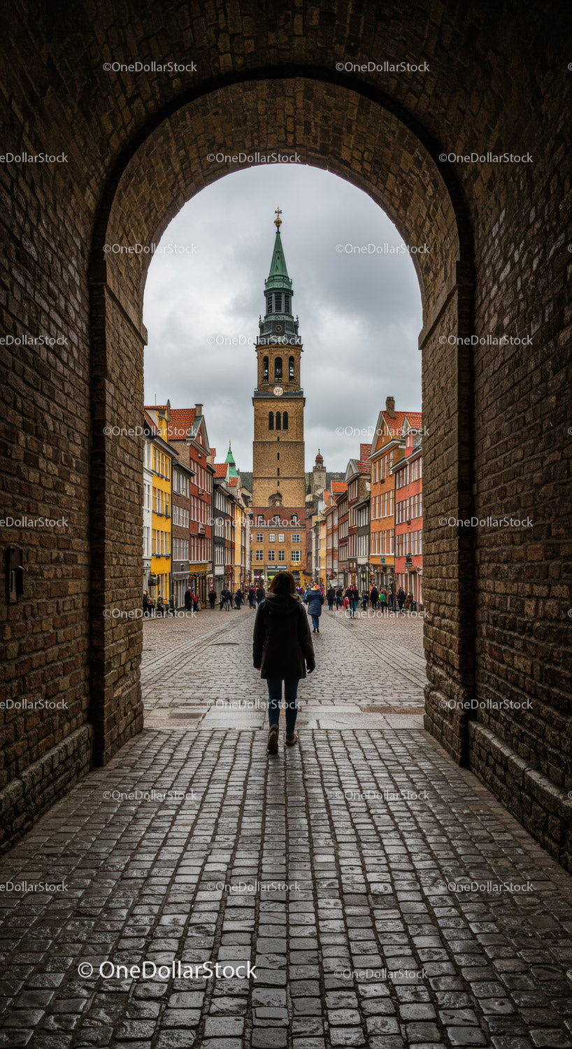 Historyczne europejskie miasto z wieżą kościelną i brukowaną ulicą