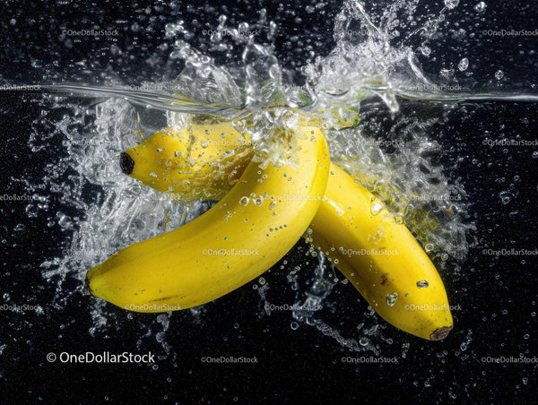 Fresh Yellow Bananas Splashing into Water with Dynamic Motion