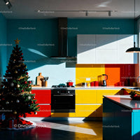 Bright modern kitchen decorated with Christmas tree