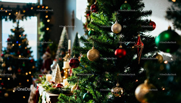 Holiday decorated Christmas tree with glowing ornaments