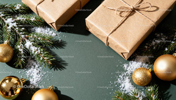 Wrapped Gifts With Pine Branches and Golden Ornaments