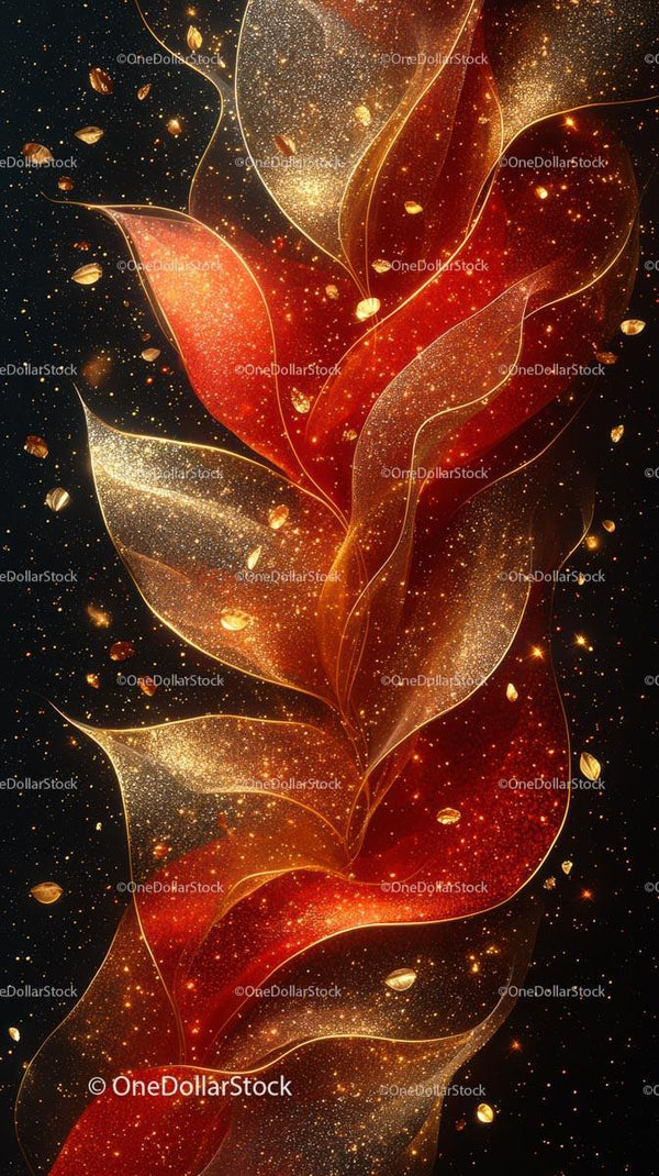 Abstract Glittering Leaves with Gold and Red Light Effects