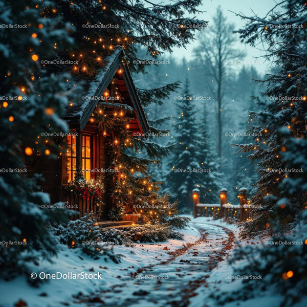 Cozy Winter Cabin Surrounded by Snowy Pines and Lights