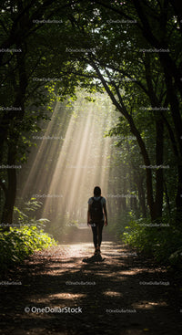 Woman walking through sunlit forest pathway