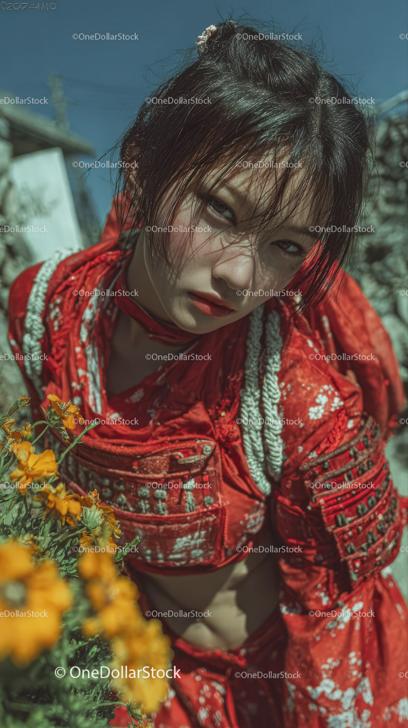 Young Woman in Red Jacket Surrounded by Bright Yellow Flowers Outdoors