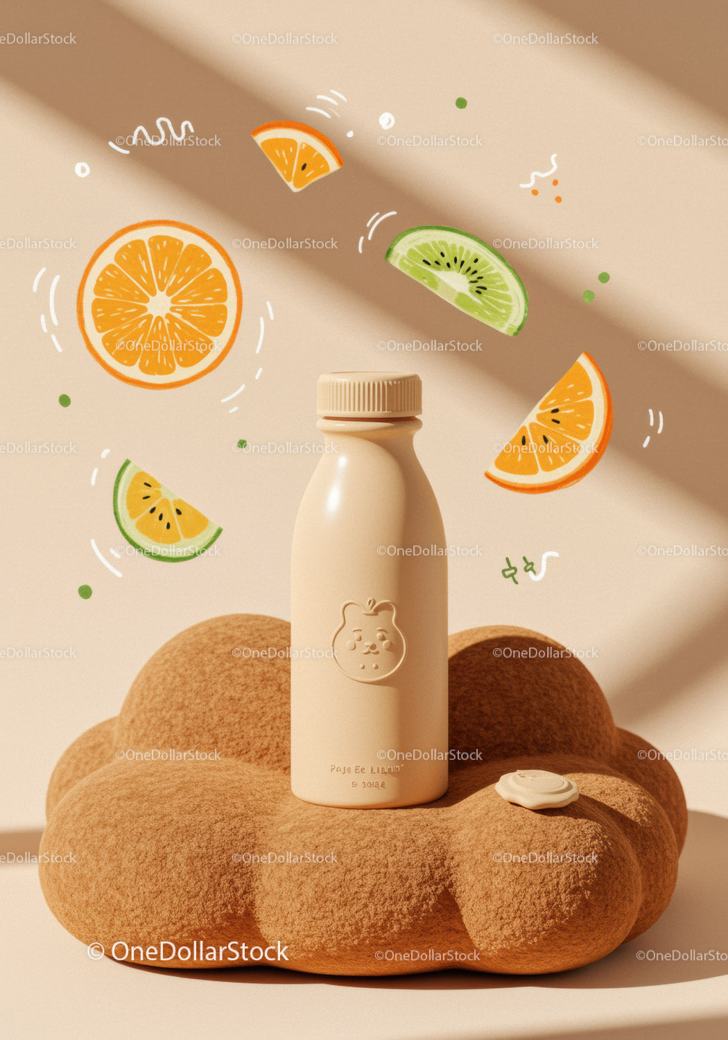Minimalist bottle on textured cushion with floating fruit slices