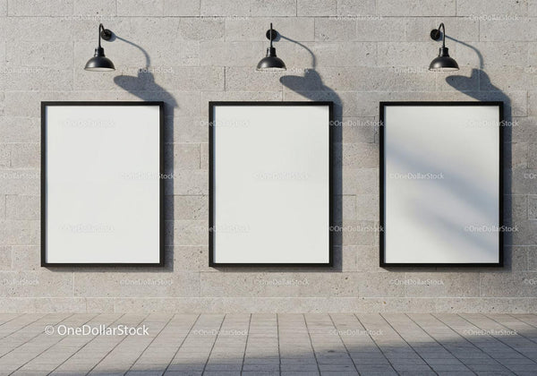 Three Blank Frames on Concrete Wall with Outdoor Lamps JPG Mockup Image