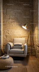 Cozy reading nook with soft armchair and warm lighting