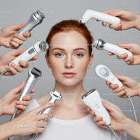 Young woman receiving skincare treatment with multiple beauty devices