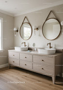 Modern Double Sink Bathroom with Wooden Vanity and Round Wall Mirrors