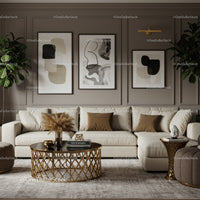 Elegant neutral living room with modern art and gold accents
