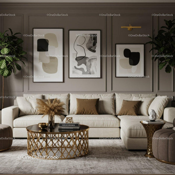 Elegant neutral living room with modern art and gold accents