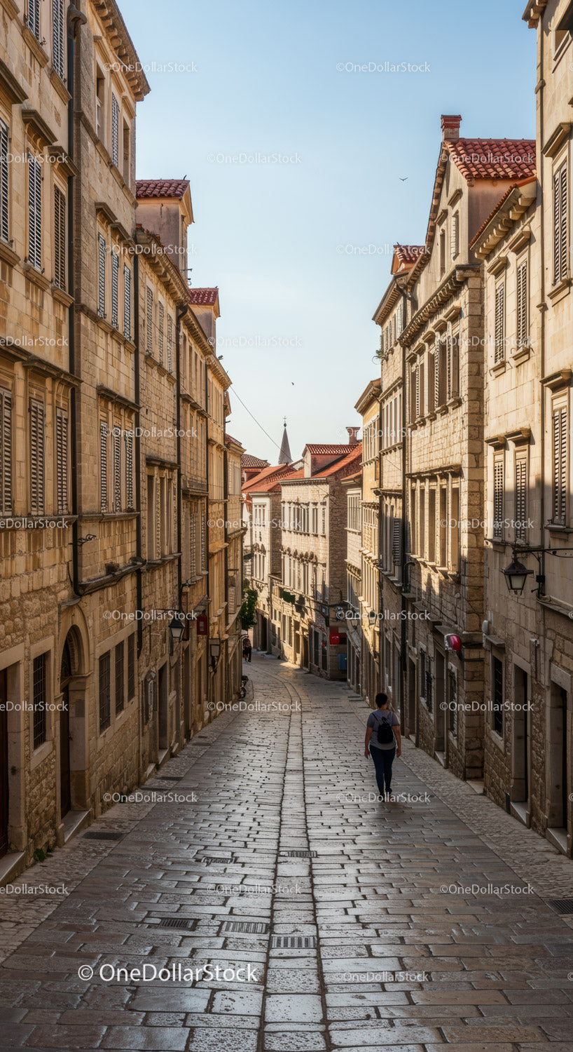 Narrow cobblestone street with historic buildings in a European city