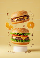 Floating cheeseburgers with fresh vegetables and orange slices