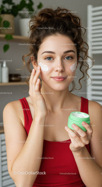 Young Woman Applying Face Cream for Skincare Routine with Natural Light